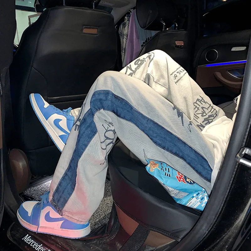 Elastic waist Trendy Brand Jeans Men'S Loose Fashion Long Pants Personality Printing Straight-Leg Pants