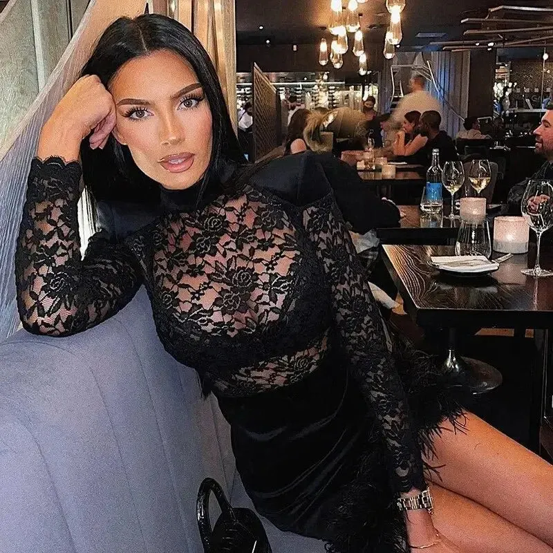 Lace Turtleneck Slim Dress DoubleStitchReinforcement NonRestrictive Design