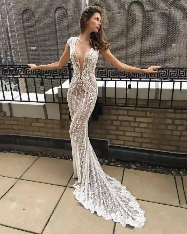 Dreamy Presence All-season Deep V Neck Lace Wedding Dress