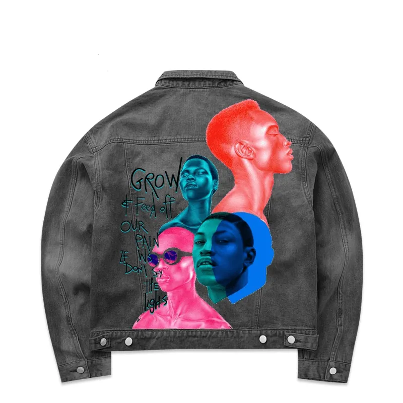 European and American Fashion Brand Vapor Wave Avatar Graffiti Print Denim Jacket plus Size Heat Keep Non Bulky Profile
