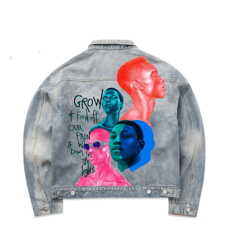 European and American Fashion Brand Vapor Wave Avatar Graffiti Print Denim Jacket plus Size Lightweight Feel Ski Use