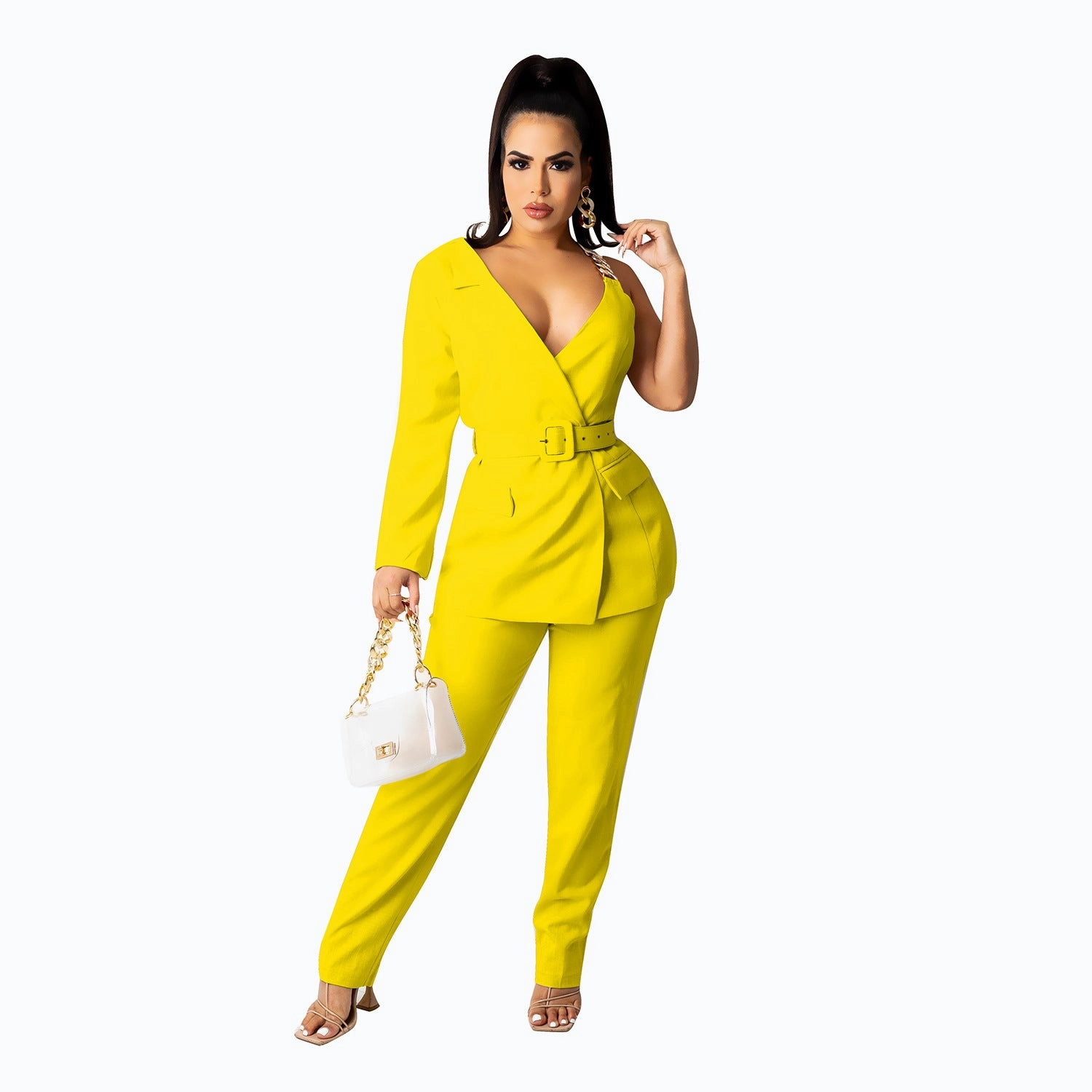 Luxury Minimal European And American Fashion Invisible Snap Single-side Sleeve Chain Belt Suit Two-piece Suit