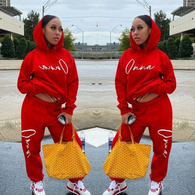 Durable Relax Wedding Casual European And American Fashion Women's Wear Drawstring Printed Hooded Long Sleeve Trousers Two-piece Set