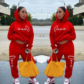 European And American Fashion Women's Wear Drawstring Printed Hooded Long Sleeve Trousers Two-piece Set Smart Vacation