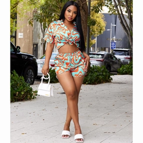 European And American Foreign Trade Women's Clothing Corrugated Printed Short-sleeved Shirt Casual Hot Pants Suit Relax Daily