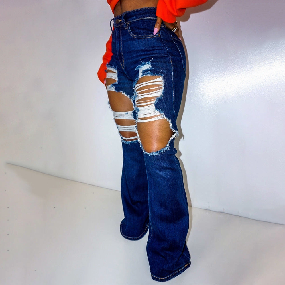 Casual Luxury Winter Warmth Reliable Choice European And American Lady High Stretch Jeans Wide Leg Trousers Ripped