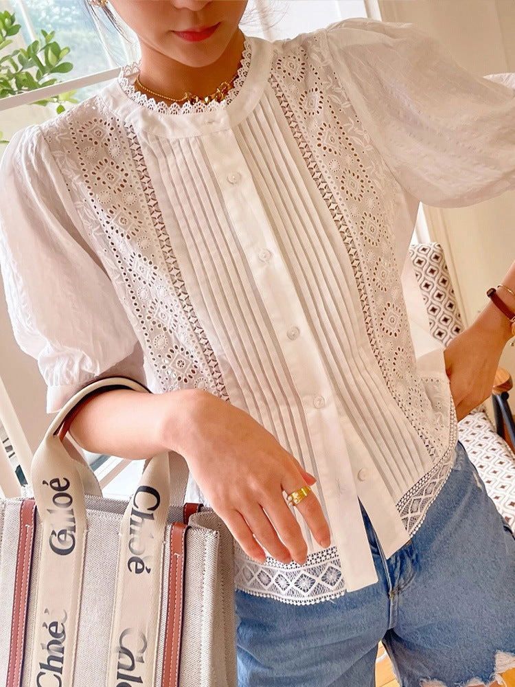 Comfy Fit European And American New Women's French White Embroidered Shirts