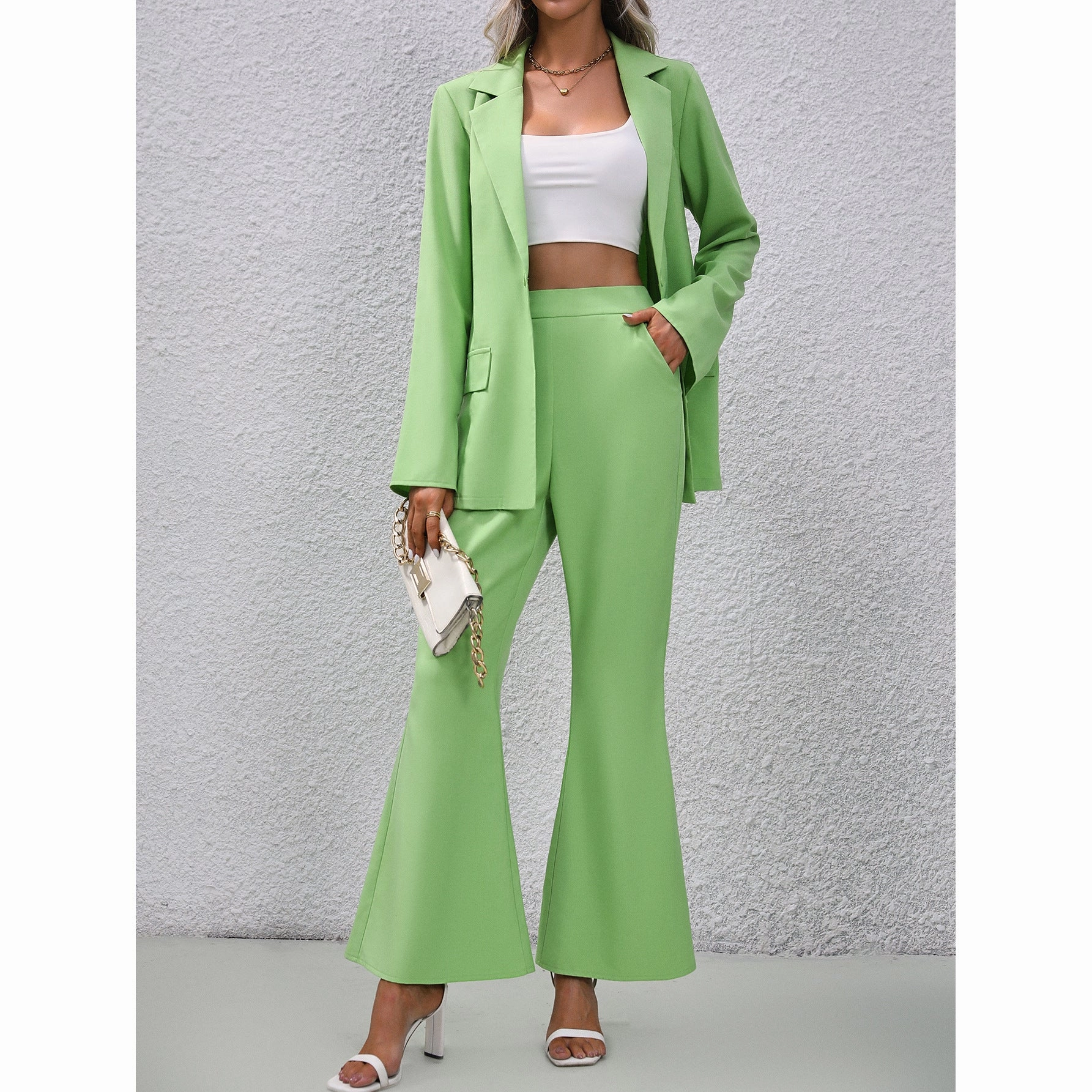 Trendy Couple Luxury Beach European And American Solid Color Small Suit Bell-bottom Pants