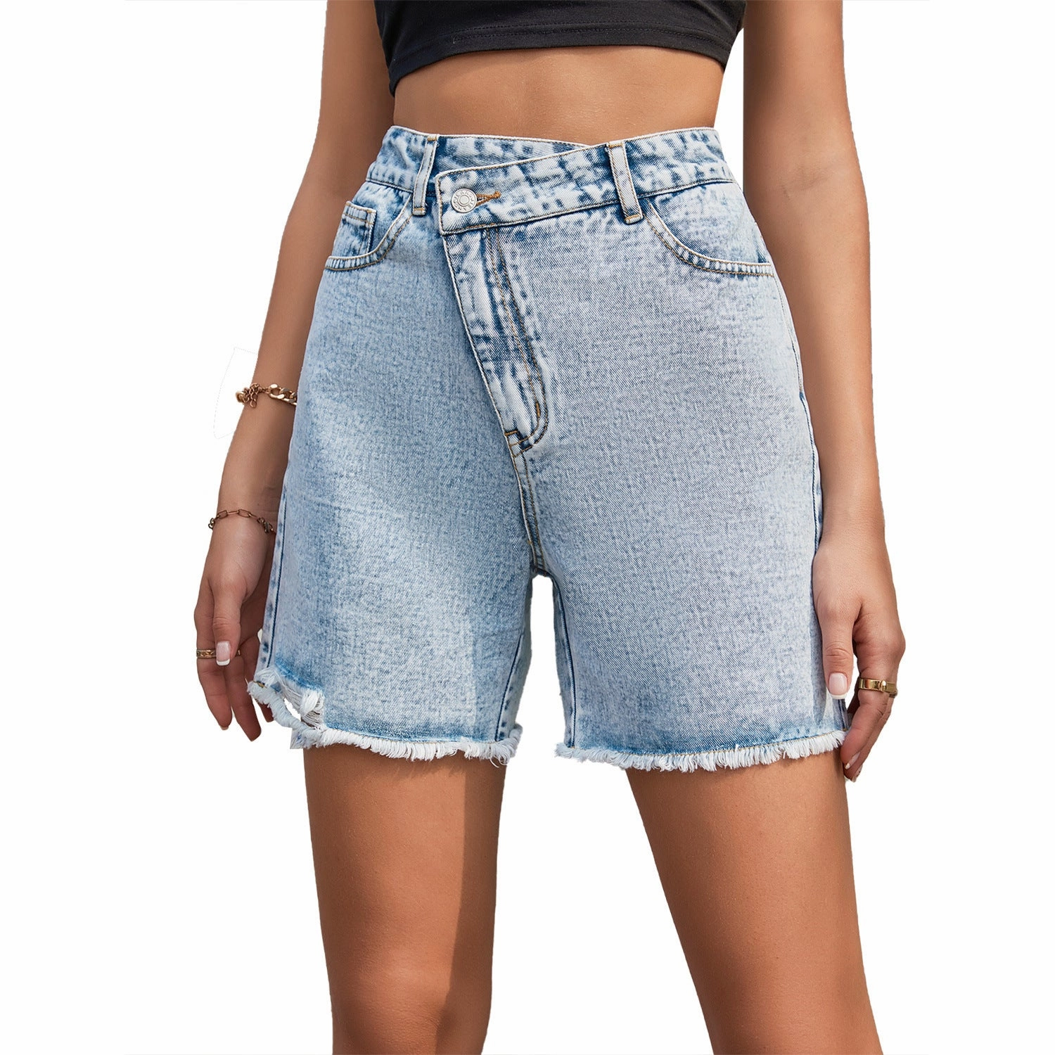 Minimal Shrinkage Fabric Outdoor Adventure Earthy Women's Fashion High Waist Loose And Slimming Raw Edge Denim Shorts
