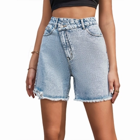 Women's Fashion High Waist Loose And Slimming Raw Edge Denim Shorts Casual Student Outfit Distressed Detailing