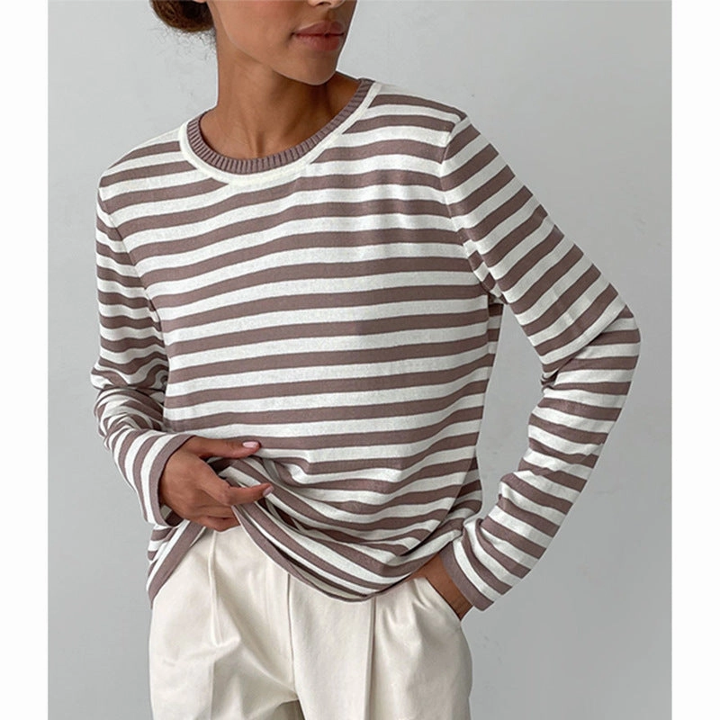 Round Neck Knitted Striped Sweater Trendy Knitwear Cozy Midweight Fabric