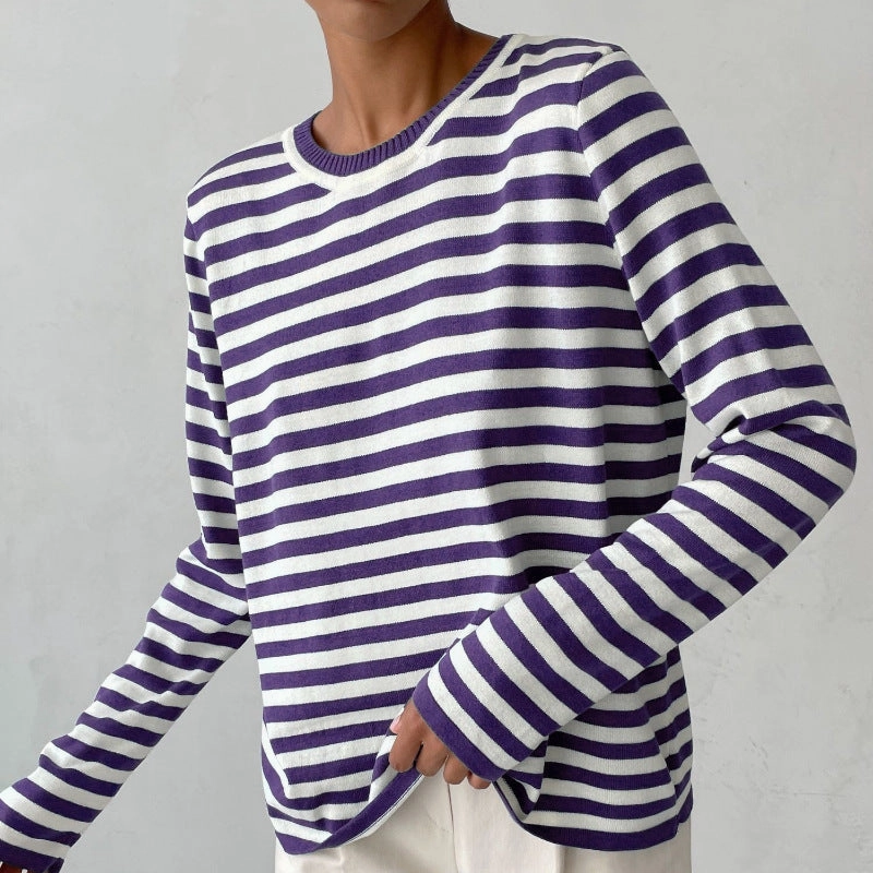 Round Neck Knitted Striped Sweater Street Style