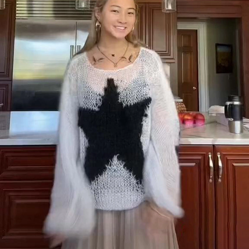 Round Neck Pullover Knit Haimao Star Sweater Static Reducing Finish Chilly Day Comfort