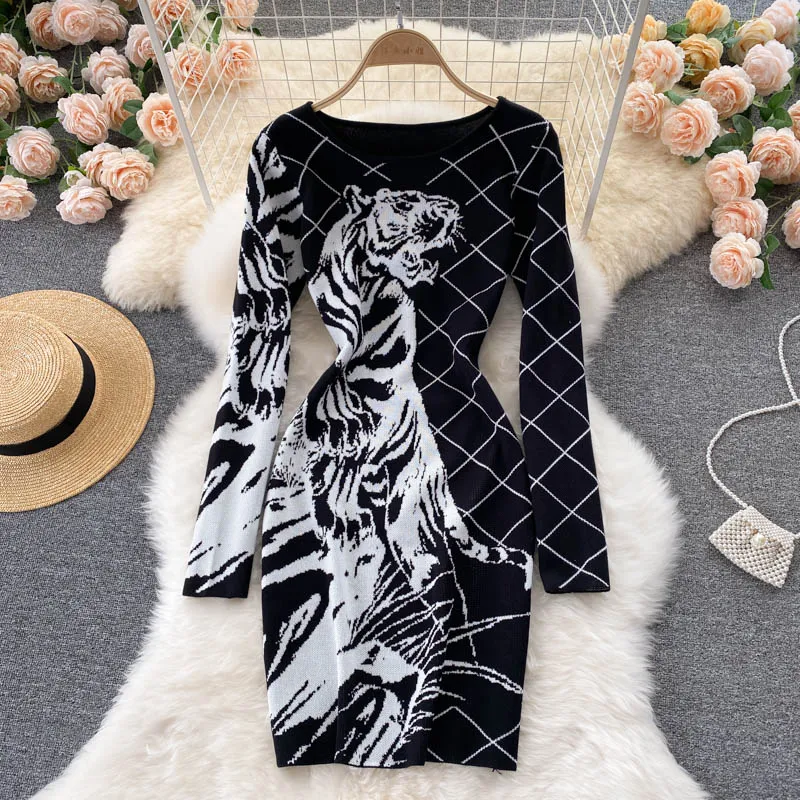 Tiger Printed Sweater Dress for Women Statement-Print