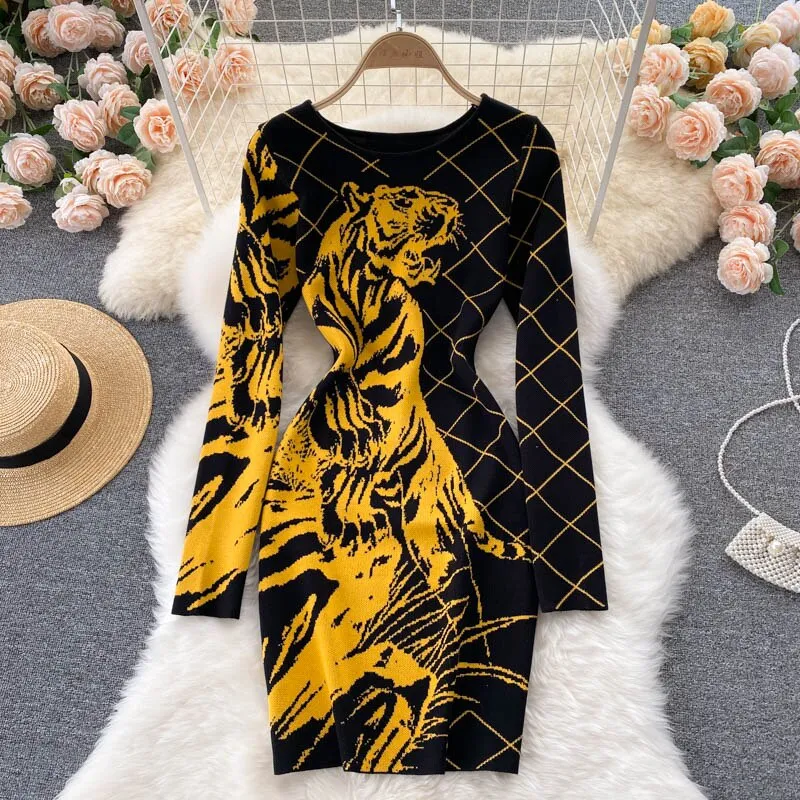 Sophisticated Appeal Tiger Printed Sweater Dress for Women