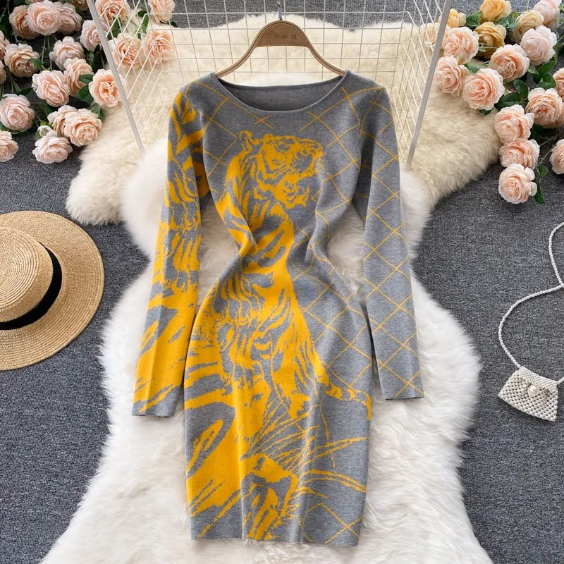 Tiger Printed Sweater Dress for Women Youthful Look