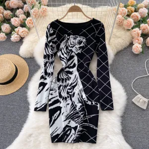 Tiger Printed Sweater Dress for Women Statement-Print