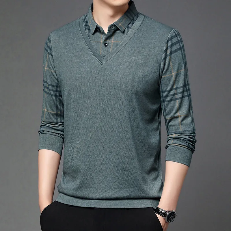 Fake Two-piece Lapel Long-sleeved Men's T-shirt Comfortable Layer