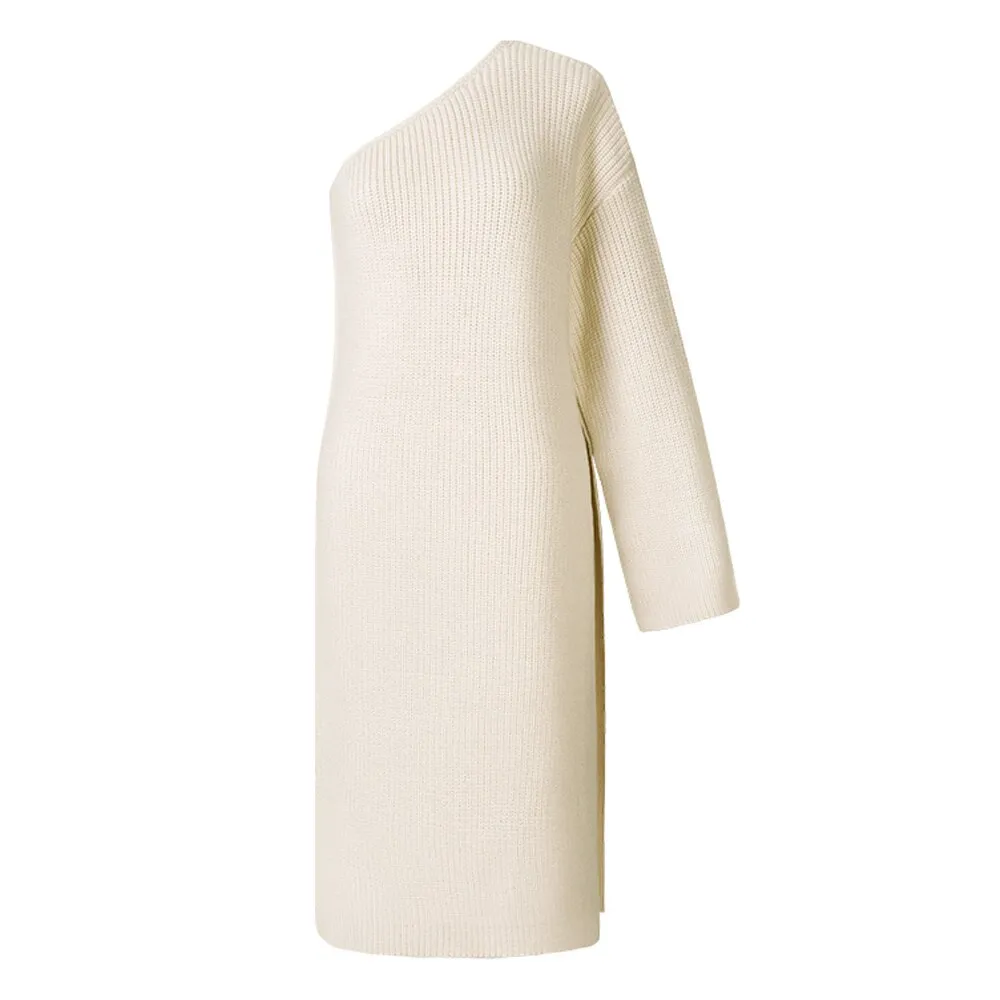 Long Sleeve Knitted One Shoulder Sweater Dress High Hemline