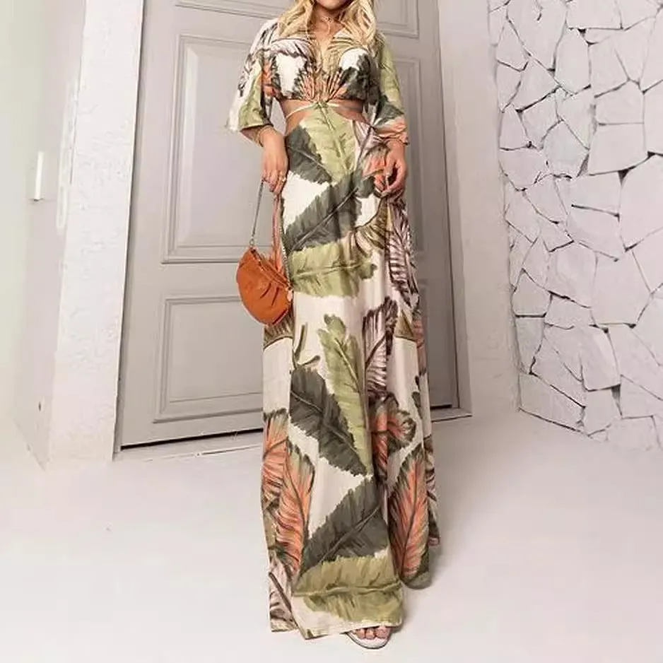 Neutral Look European And American Leisure V-neck Tube Top Printing Dress