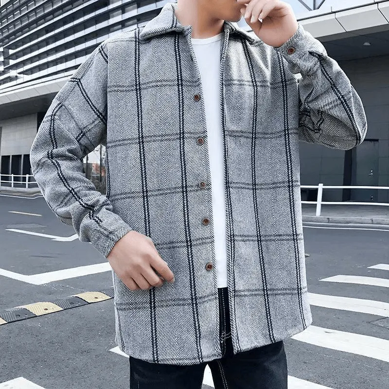 Elastic cuffs Fashion All-Match Retro Male Woolen Plaid Trench Coat
