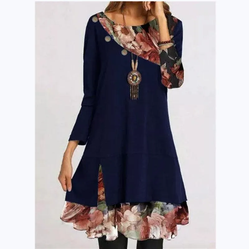 LayeredHemline elegant design Spring New Women's  Hot Style Fashion Chiffon Printing Loose Plus Size Dress
