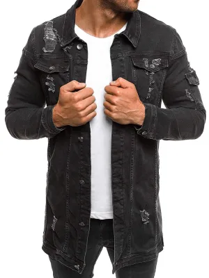 HighCollarDesign Fashion Men'S Mid-Length Ripped Denim Jacket