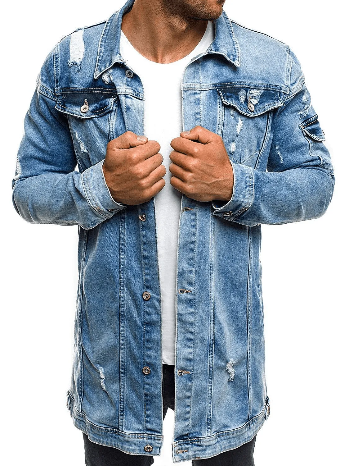 NonRestrictiveCut Fashion Men'S Mid-Length Ripped Denim Jacket