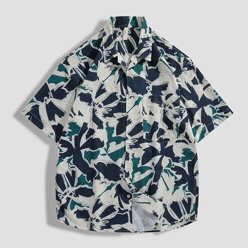 Fashion Personalized Printed Beach Flower Shirt Men Zero Waste Cut Pattern Layered Panel Construction