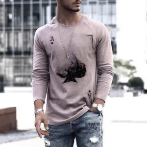 Comfy Comfort Sustainable Fabric Fashion Poker Printed Top Men'S round Neck Long Sleeve