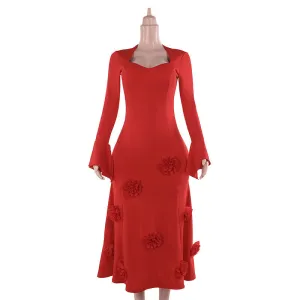 Fashion Slim Fit Peach Collar Flower Dress Women Timeless Layering Office Shape