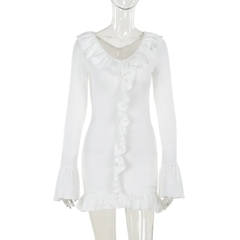 Fashion Slim Knit Ruffled Long Sleeve Dress Women Daytime Mood