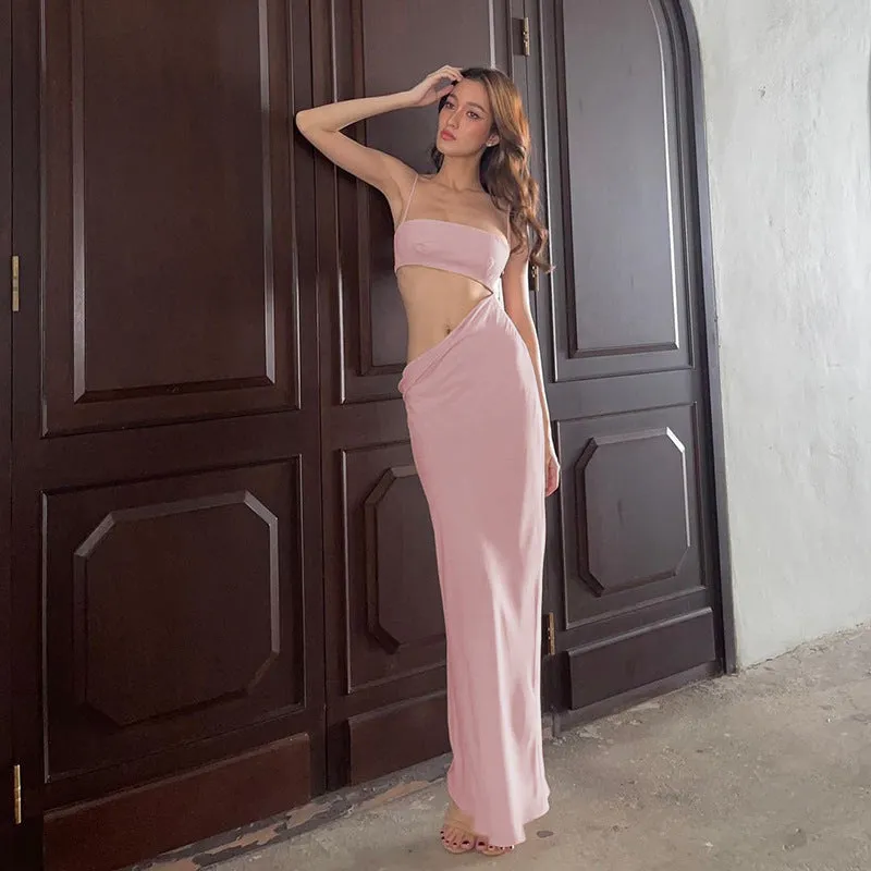 Delicate Finish Fashion Suspenders Stitching Waist-baring Dress Women