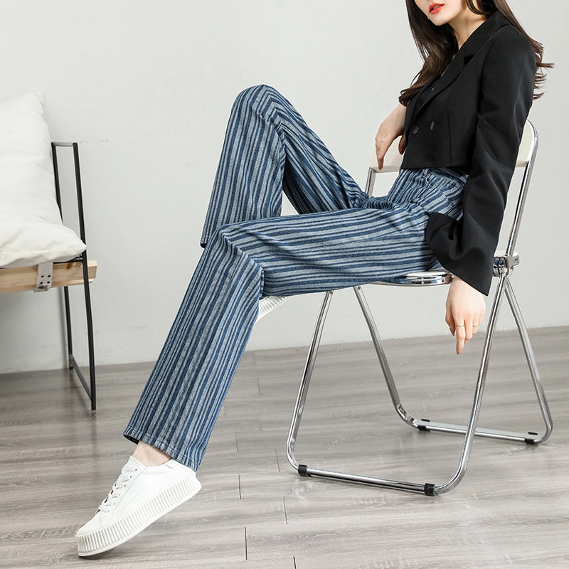 High-Waist Striped Wide-Leg Jeans for Women - Fashionable Street Style Pants Breathable Lining