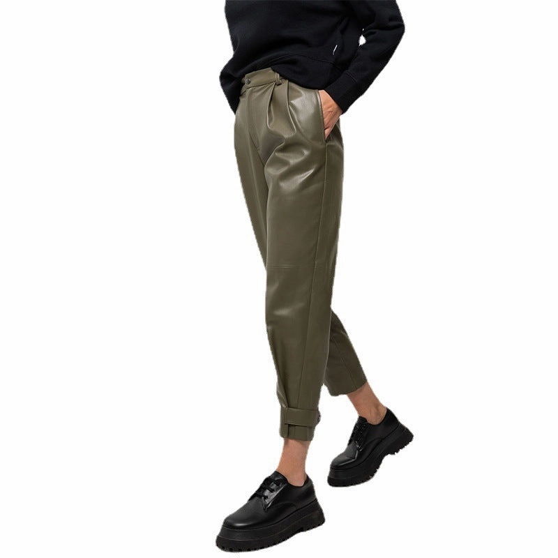 Fashion High-waist Slim-fit PU Leather Cropped Trousers Temperature Regulating Fabric Quick Flex