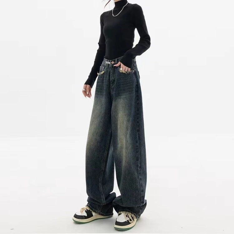 Stretch Denim Technology Fashion Trend Alphabet Jeans Children Straight Loose Wide Leg Pants