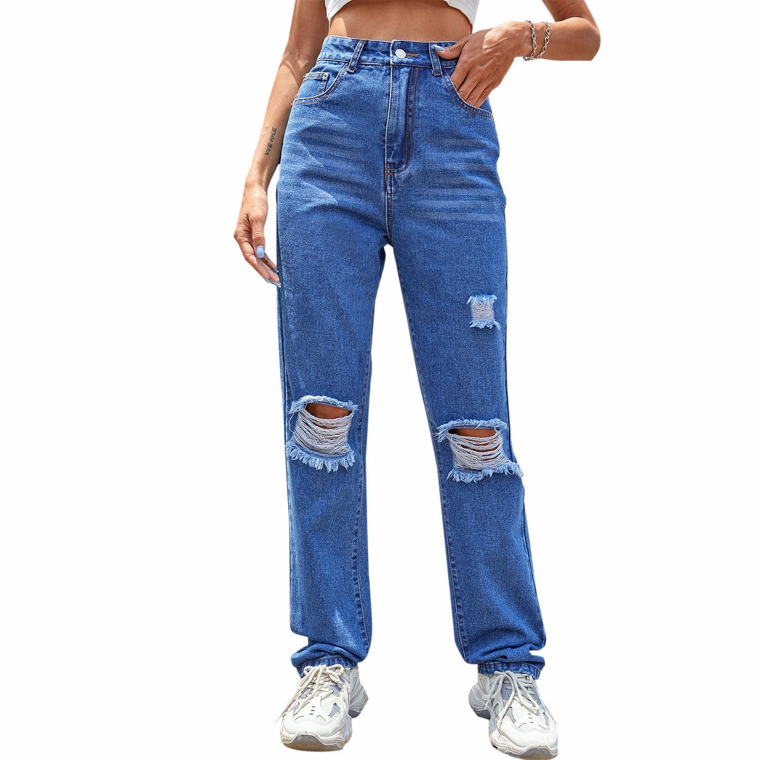 Sporty Stretch Fit Slim wear Fashion Trend Denim Trousers Women's New Style