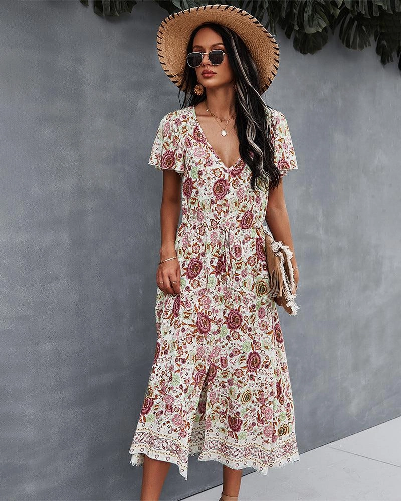 Fashion V-neck Sexy Print Dress Soft Air