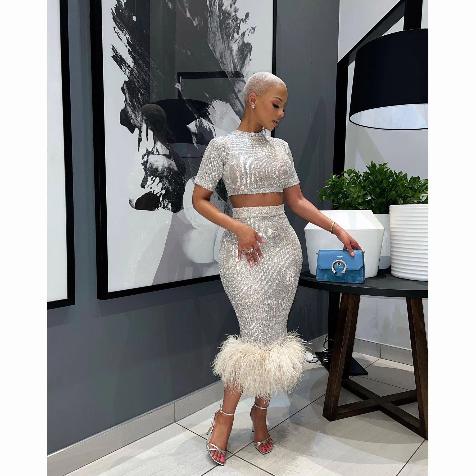 Fashionable Sequins Short Sleeve Sheath Sexy Feather Non-ironing One-step Skirt Work Vacation