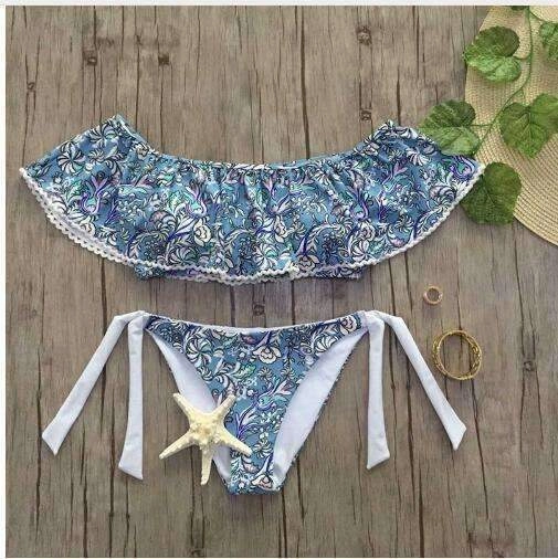 Sexy Women Printed Bikini Floral Split Swimsuit Nautical Theme Soft Brushed Lining
