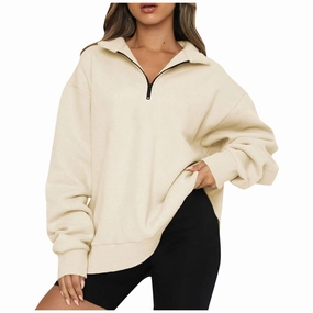 Women Sweatshirts Zip Turndown Collar Loose Casual Tops Clothes Ribbed Hem Details Must Have