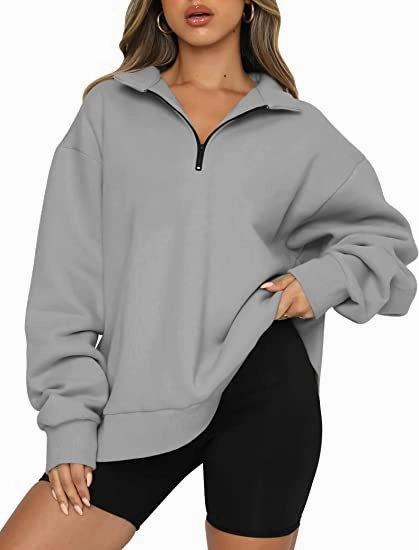 Quick Movement Minimalist Stitching Women Sweatshirts Zip Turndown Collar Loose Casual Tops Clothes