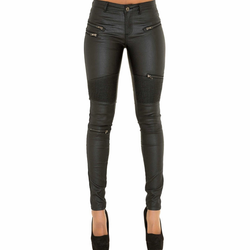 Faux leather denim pants large size stitching zipper motorcycle leather pants WrinkleFreeFinish Bold Design
