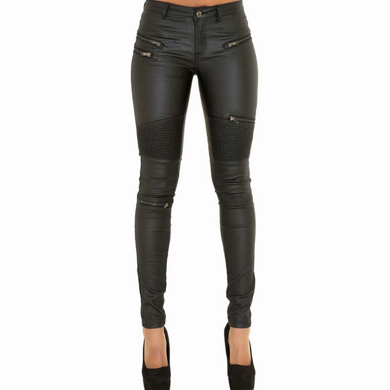Faux leather denim pants large size stitching zipper motorcycle leather pants Recycled Polyester Blend