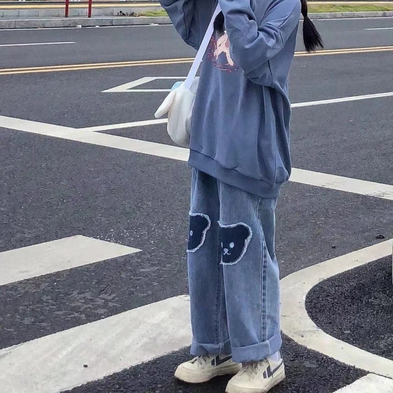 Shopping Day High Quality Weekend Style Female Loose Retro Bear Patchwork Jeans