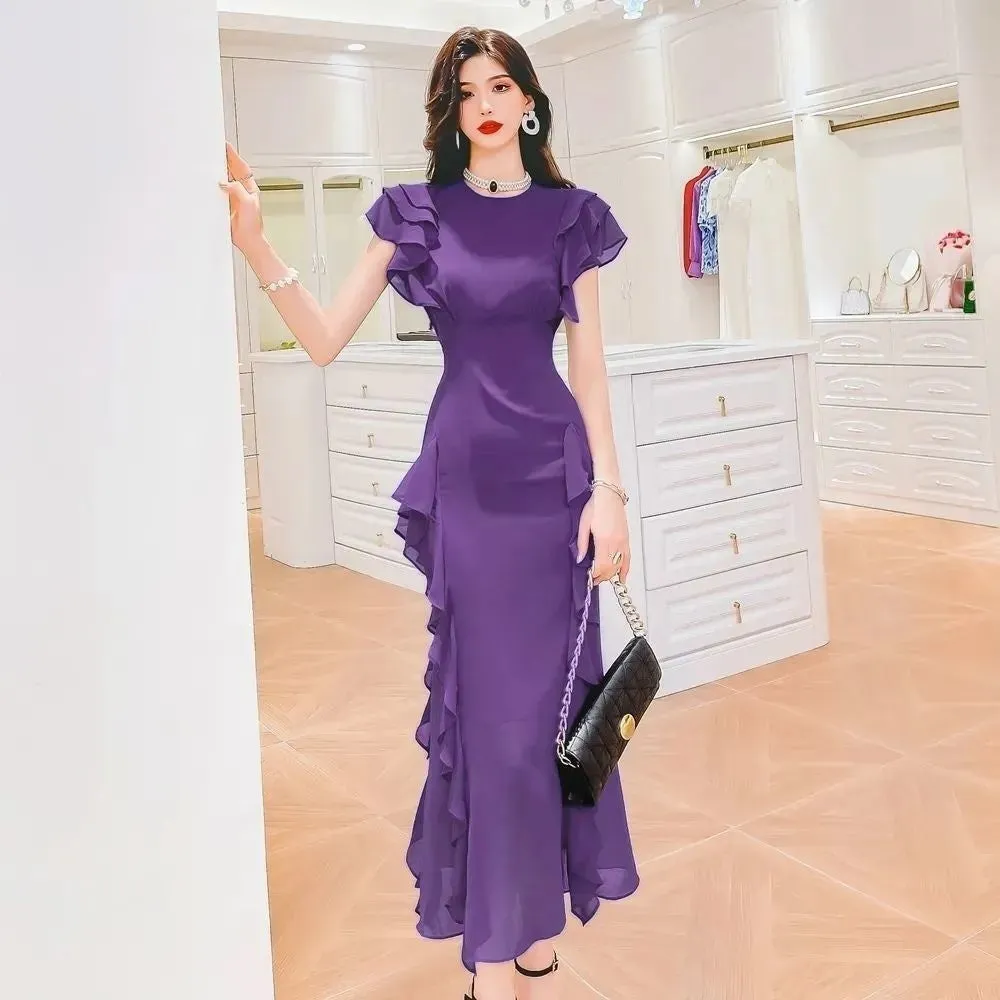 Outfit Core Match Quick Women's Ruffled Waist Slimming Sheath Long Dress