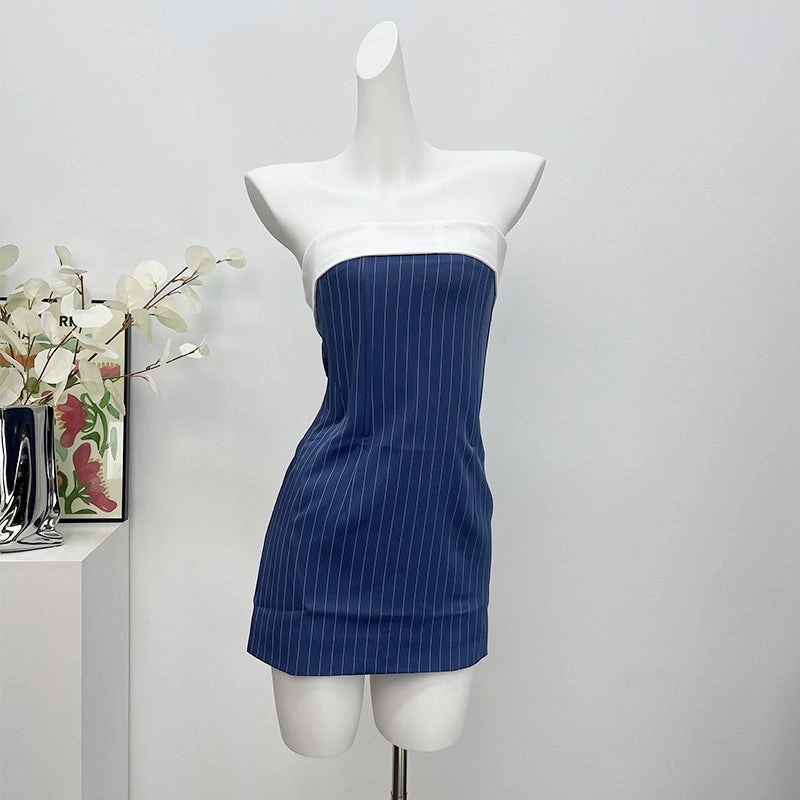 Fishbone Striped Sheath Lapel Tube Top Dress For Women Dew Tone Photo Bright