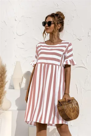 Ruffled Short-sleeved Striped Stitching Contrast Pocket Loose Dress Refined Aesthetic Kind Glow