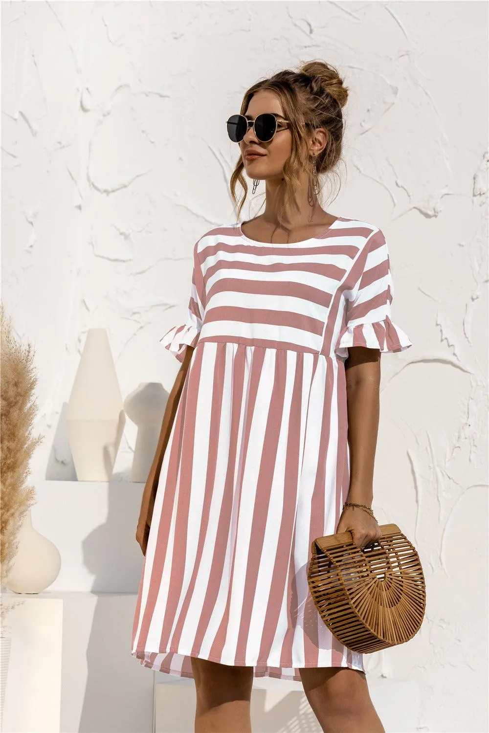 Ruffled Short-sleeved Striped Stitching Contrast Pocket Loose Dress Refined Aesthetic Kind Glow
