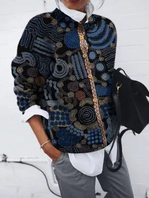 RecycledPolyester Stand Collar Brushed Geometric Print Cardigan Long Sleeve Top